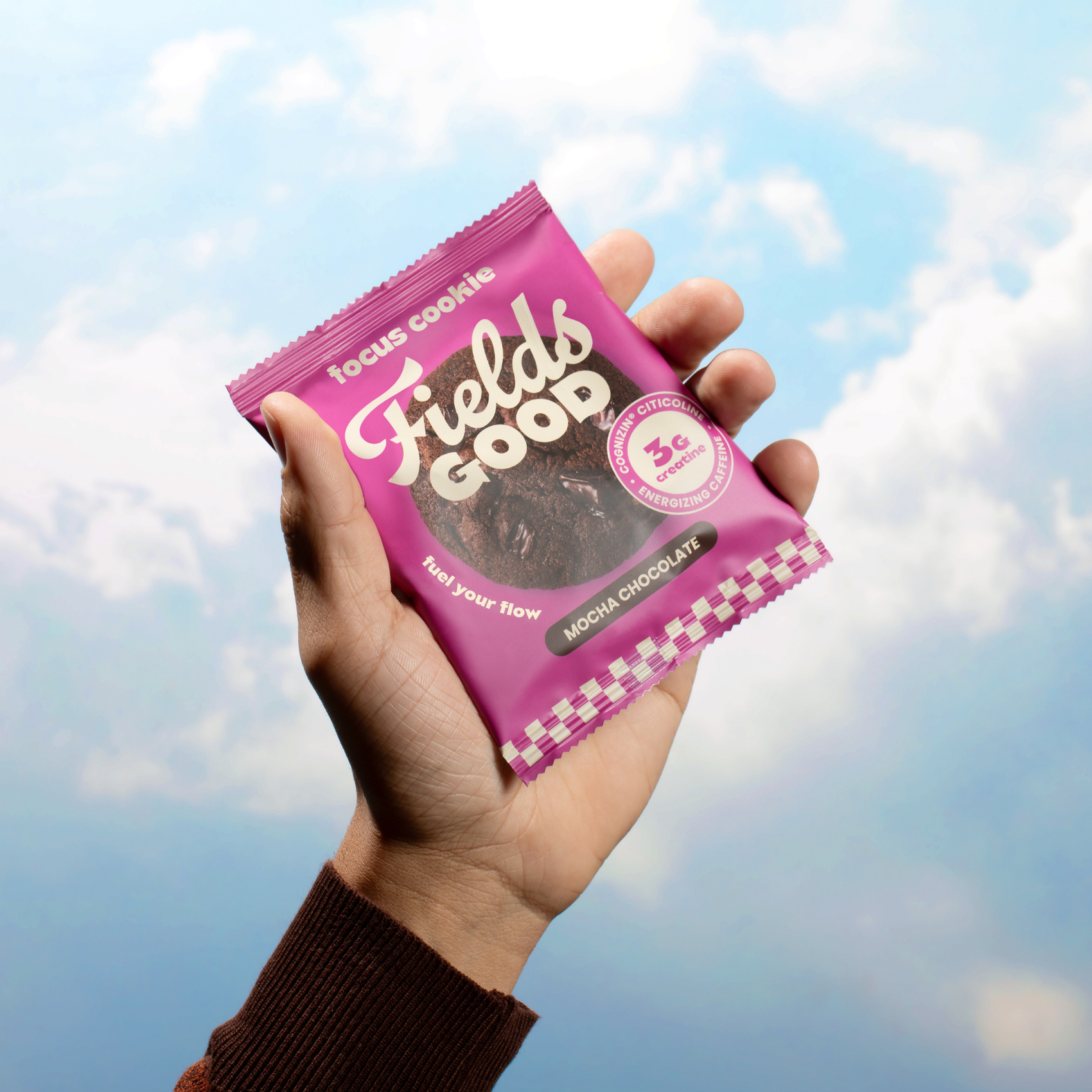 Hand holding a Fields Good focus cookie package against a blue sky background