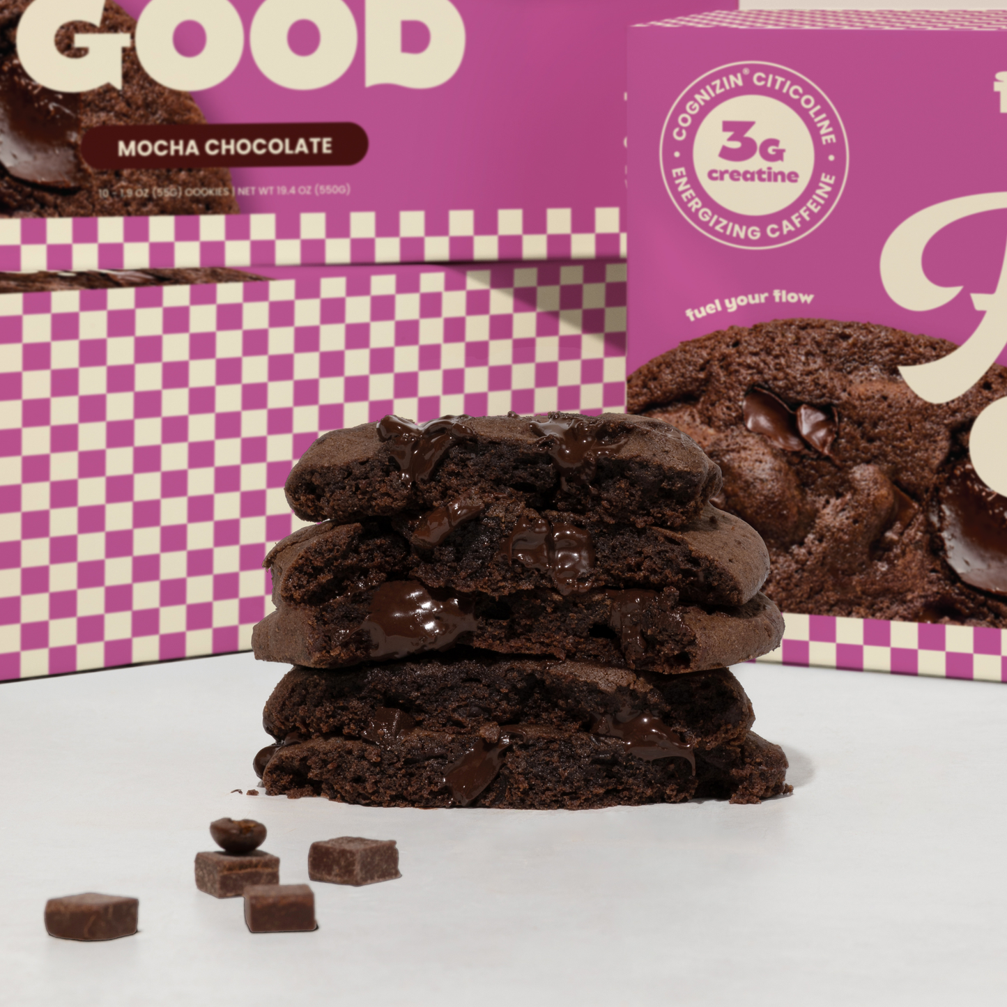 Stack of Fields Good cookies with a pink and white checkered box in the background