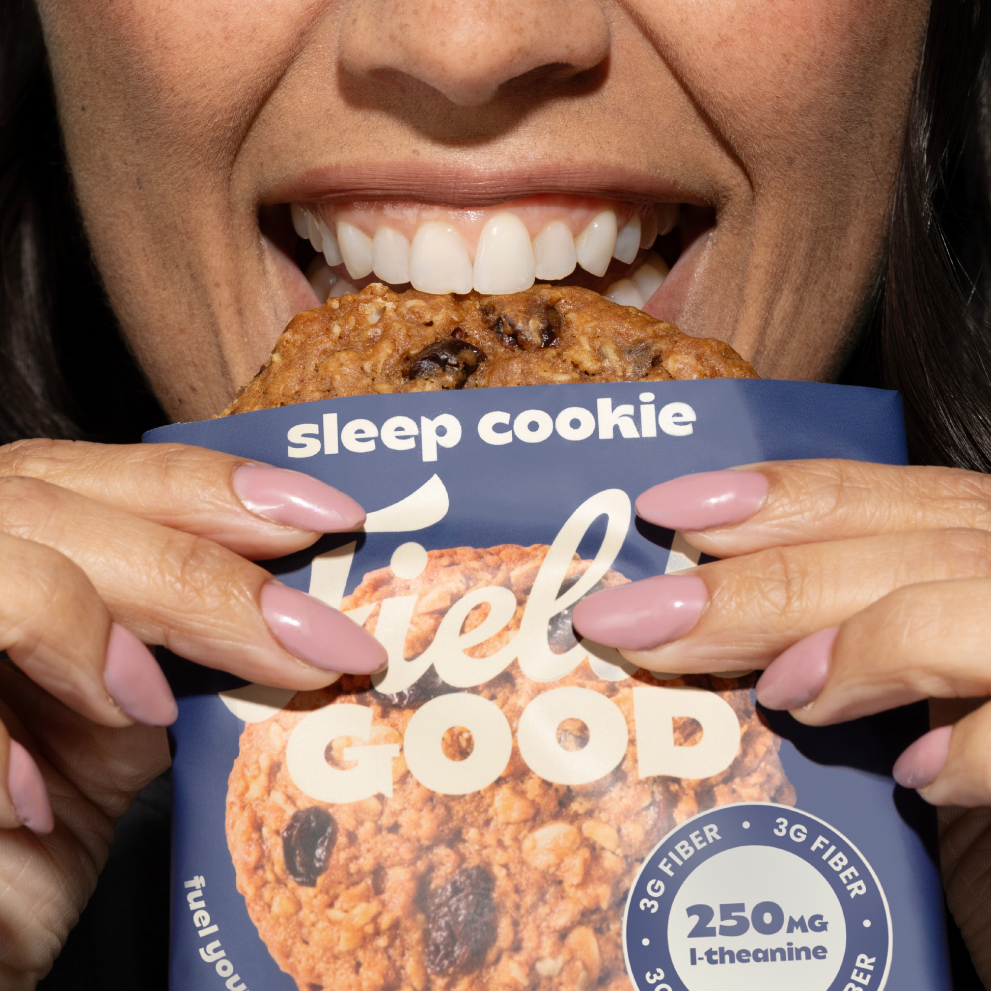 Person holding a Fields Good Sleep Cookie package with visible branding