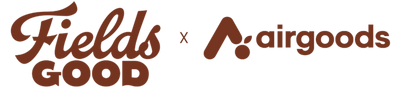 Collaboration logo between Fields Good and airgoods, featuring the brown 'Fields Good' script and block text on the left and the brown 'airgoods' logo on the right, separated by a brown 'x' mark, all on a white background.